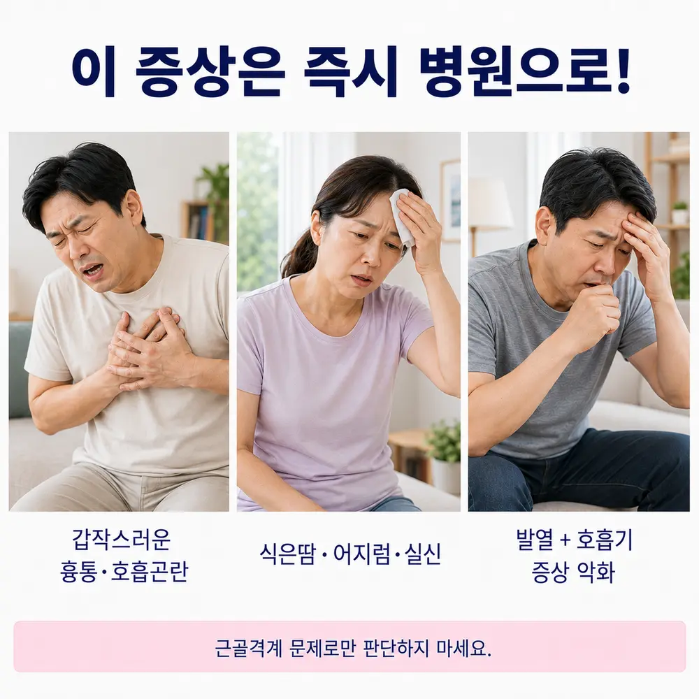 이 증상은 즉시 병원으로 - 갑작스러운 흉통·호흡곤란, 식은땀·어지럼·실신, 발열과 호흡기 증상 악화 시 근골격계 문제로만 판단하지 말 것