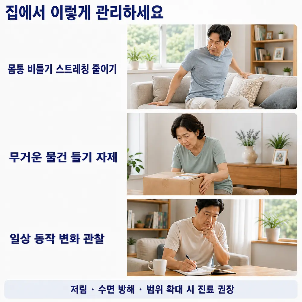집에서 이렇게 관리하세요 - 몸통 비틀기 스트레칭 줄이기, 무거운 물건 들기 자제, 일상 동작 변화 관찰, 저림·수면 방해·범위 확대 시 진료 권장
