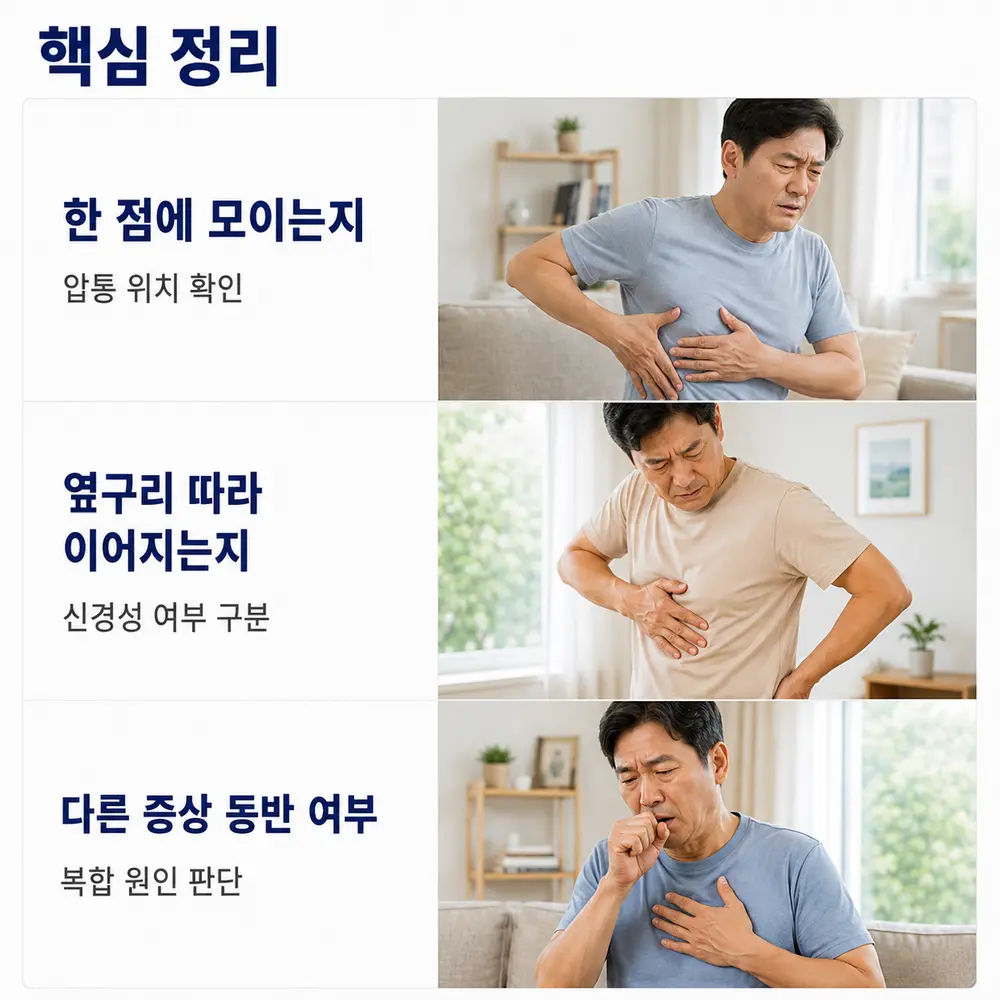 핵심 정리 - 한 점에 모이는지 압통 위치 확인, 옆구리 따라 이어지는지 신경성 여부 구분, 다른 증상 동반 여부로 복합 원인 판단
