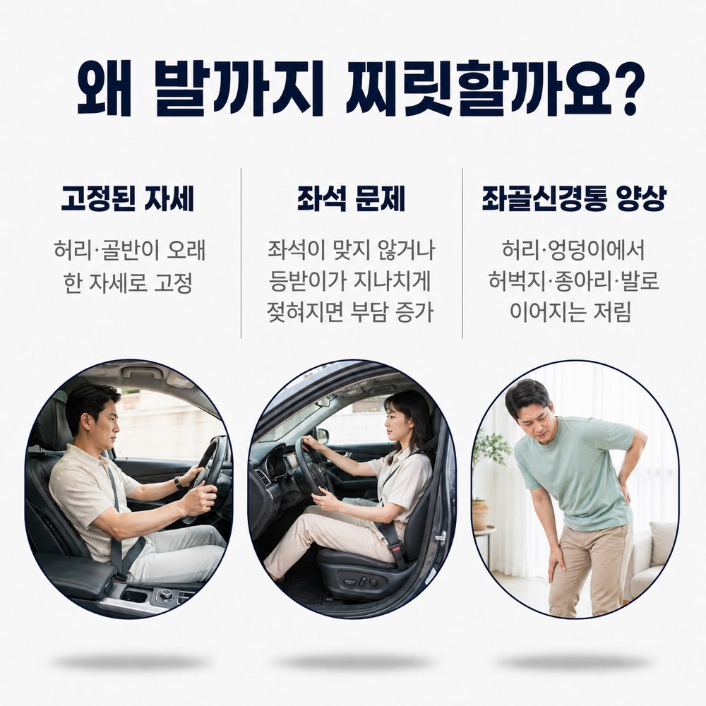 왜 발까지 찌릿할까요 - 고정된 자세, 좌석 문제, 좌골신경통 양상