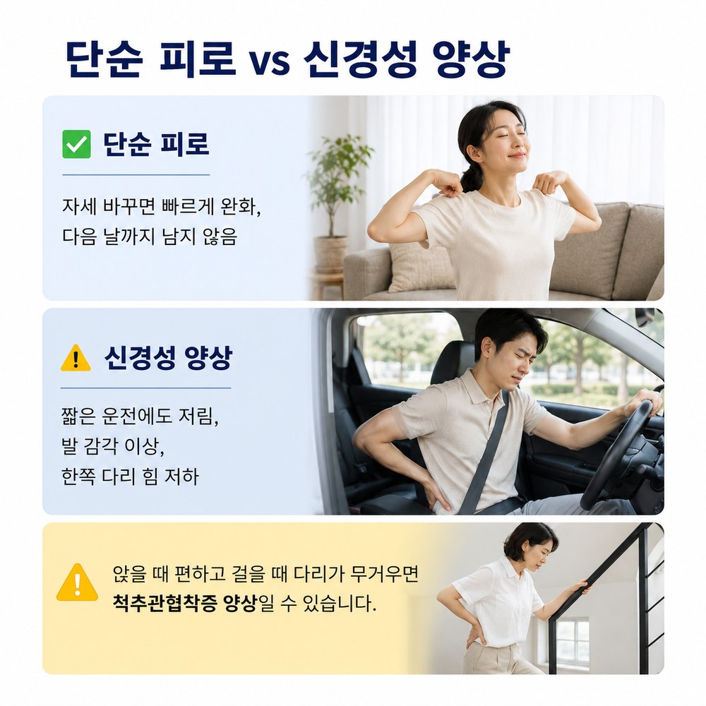 단순 피로 vs 신경성 양상 - 척추관협착증 양상일 수 있습니다