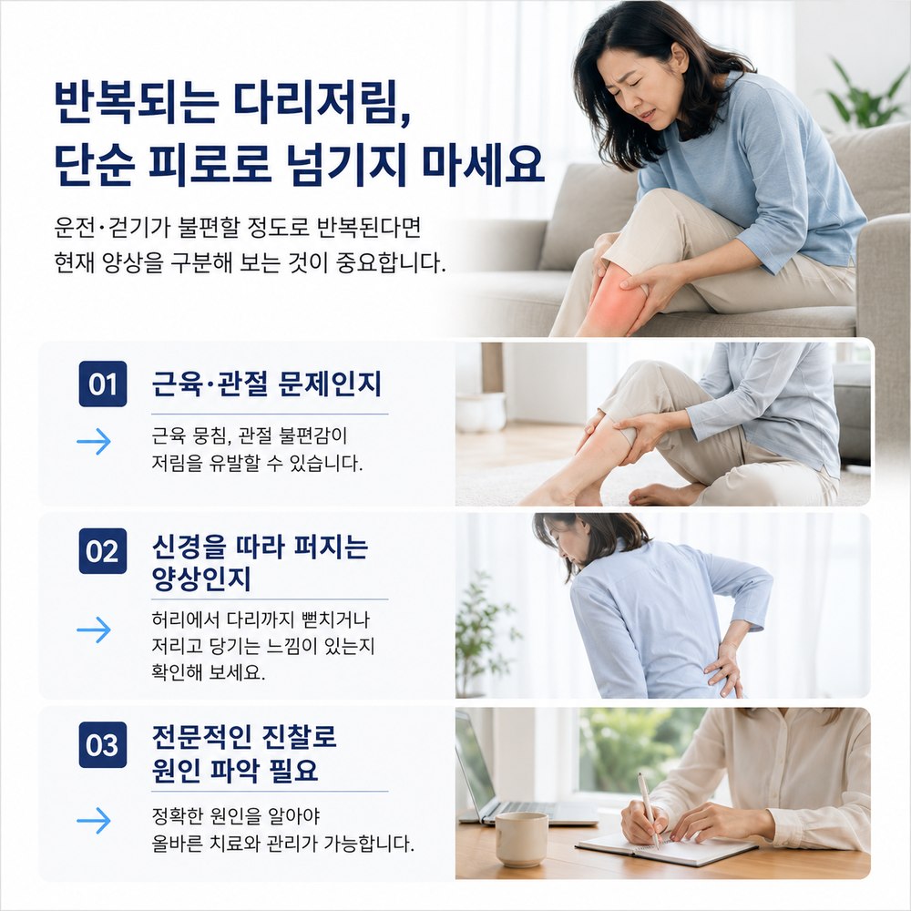 반복되는 다리저림 단순 피로로 넘기지 마세요 - 근육관절 문제인지, 신경을 따라 퍼지는 양상인지, 전문적인 진찰로 원인 파악