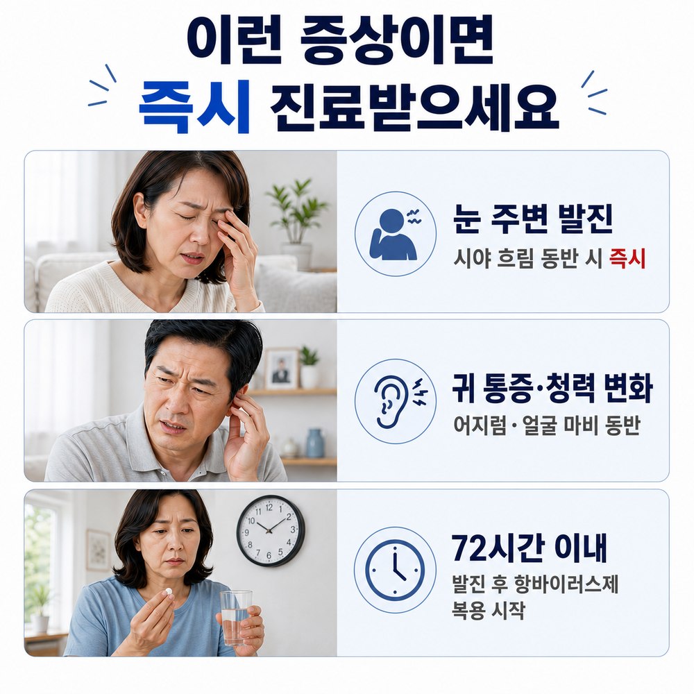 이런 증상이면 즉시 진료받으세요 - 눈 주변 발진, 귀 통증·청력 변화, 72시간 이내