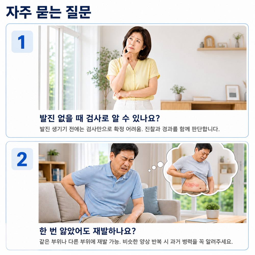 자주 묻는 질문 - 발진 없을 때 검사로 알 수 있나요, 한 번 앓았어도 재발하나요
