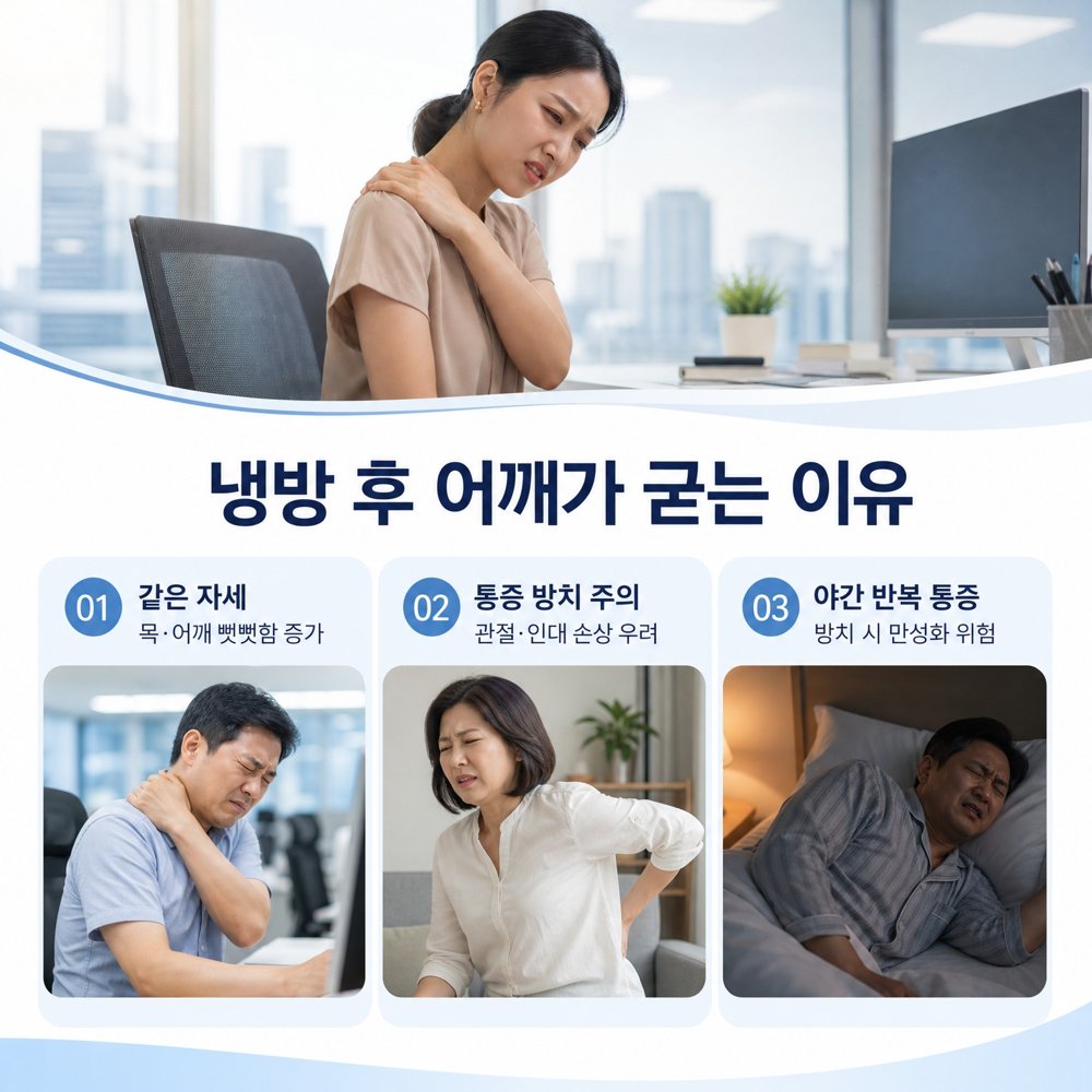 냉방 후 어깨가 굳는 이유 - 같은 자세, 통증 방치 주의, 야간 반복 통증