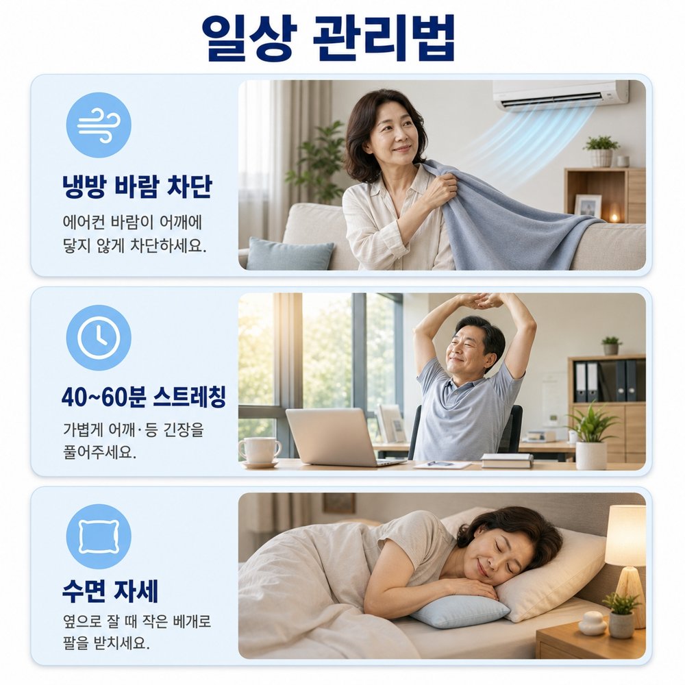 일상 관리법 - 냉방 바람 차단, 40~60분 스트레칭, 수면 자세