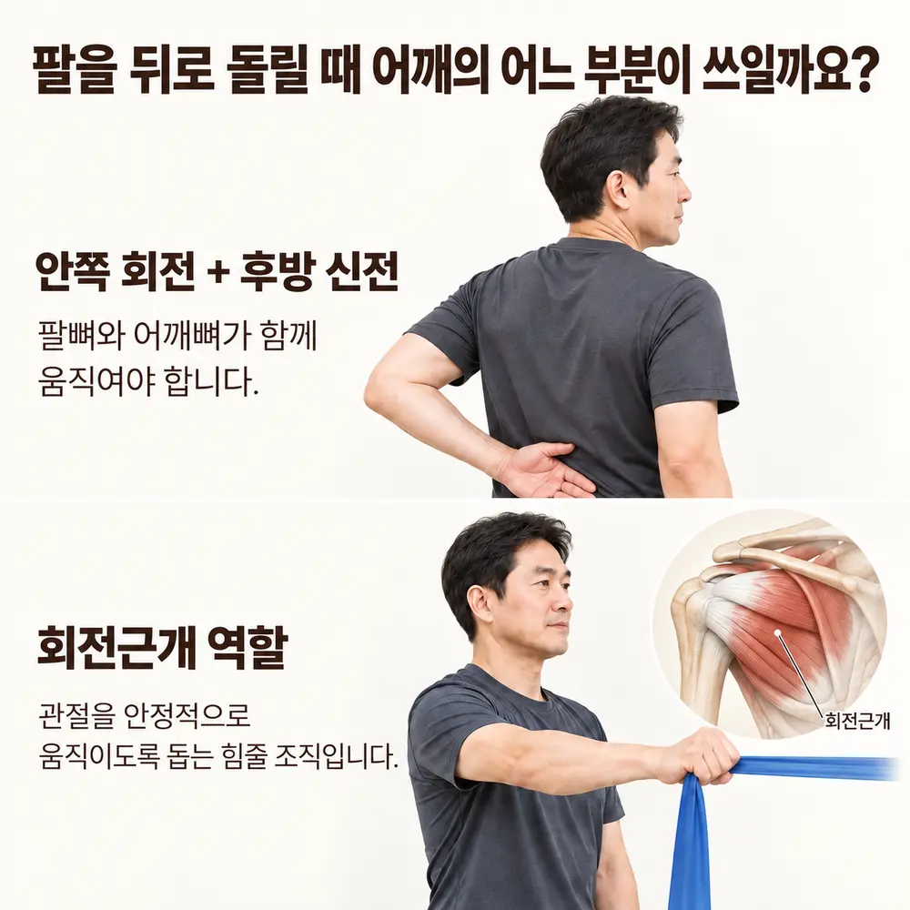 팔을 뒤로 돌릴 때 어깨의 어느 부분이 쓰일까요 - 안쪽 회전 + 후방 신전: 팔뼈와 어깨뼈가 함께 움직여야 합니다, 회전근개 역할: 관절을 안정적으로 움직이도록 돕는 힘줄 조직입니다