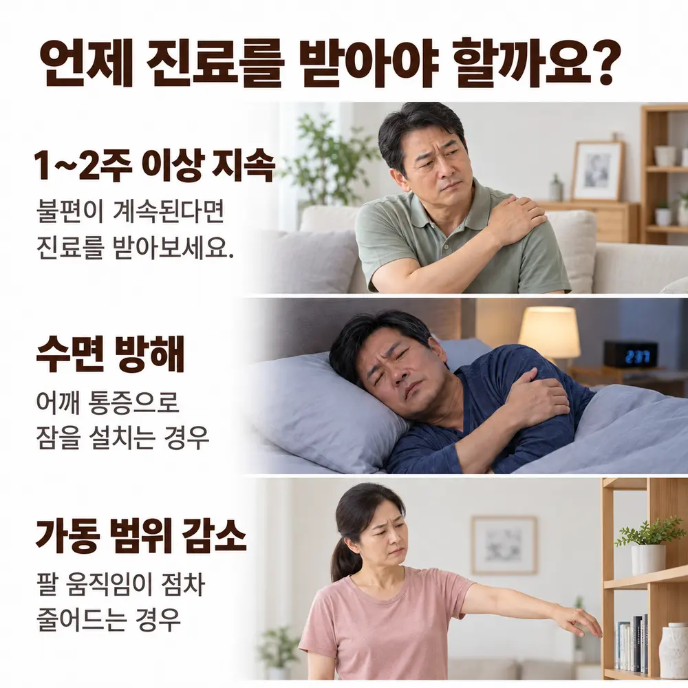 언제 진료를 받아야 할까요 - 1~2주 이상 지속: 불편이 계속된다면 진료를 받아보세요, 수면 방해: 어깨 통증으로 잠을 설치는 경우, 가동 범위 감소: 팔 움직임이 점차 줄어드는 경우