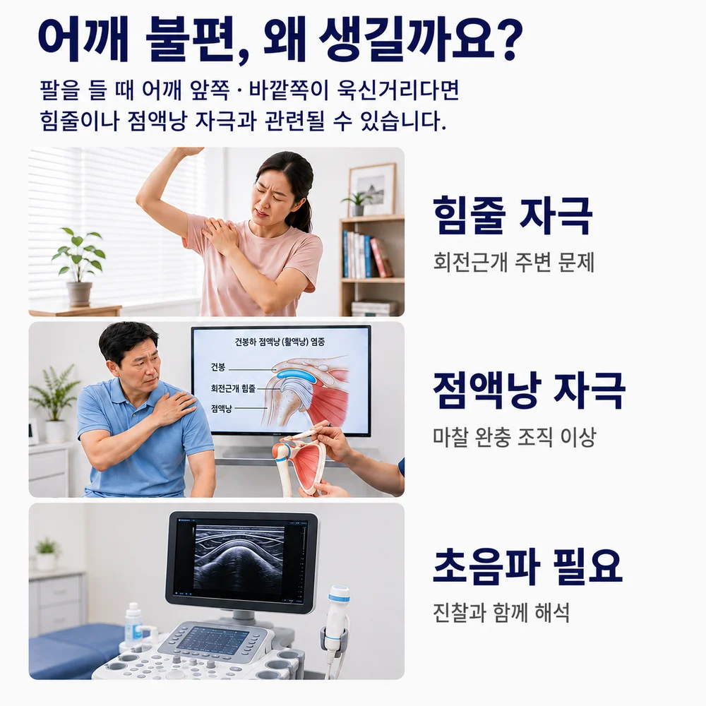 어깨 불편, 왜 생길까요 - 힘줄 자극, 점액낭 자극, 초음파로 진찰과 함께 해석