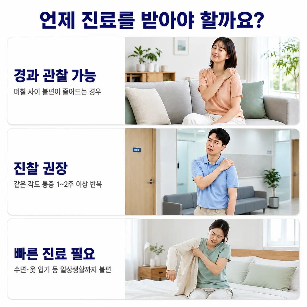 언제 진료를 받아야 할까요 - 며칠 사이 불편이 줄면 경과 관찰 가능, 같은 각도 통증 1~2주 이상 반복 시 진찰 권장, 수면·옷 입기 등 일상생활까지 불편하면 빠른 진료 필요