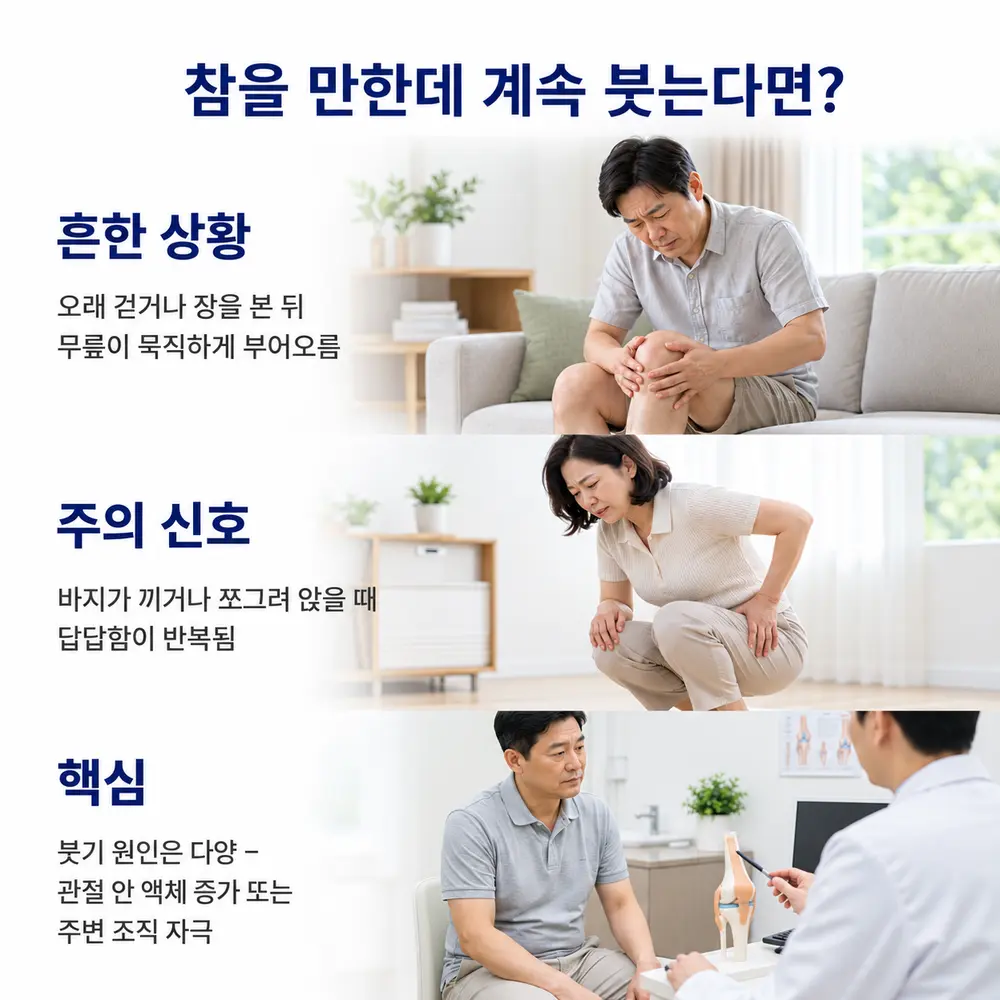 참을 만한데 계속 붓는다면 - 흔한 상황: 오래 걷거나 장을 본 뒤 무릎이 묵직하게 부어오름, 주의 신호: 바지가 끼거나 쪼그려 앉을 때 답답함이 반복됨, 핵심: 붓기 원인은 다양 - 관절 안 액체 증가 또는 주변 조직 자극