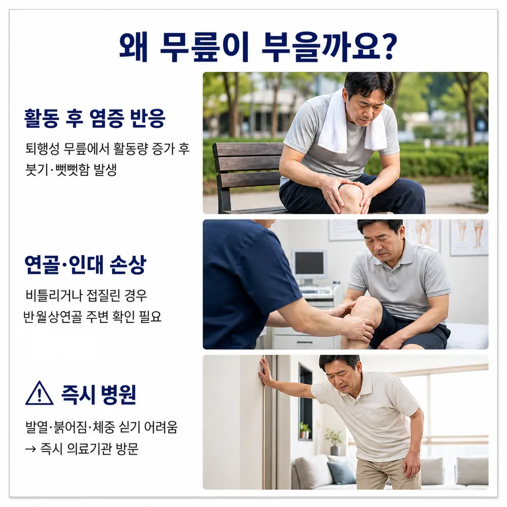 왜 무릎이 부을까요 - 활동 후 염증 반응: 퇴행성 무릎에서 활동량 증가 후 붓기·뻣뻣함 발생, 연골·인대 손상: 비틀리거나 접질린 경우 반월상연골 주변 확인 필요, 즉시 병원: 발열·붉어짐·체중 싣기 어려움이 있으면 즉시 의료기관 방문