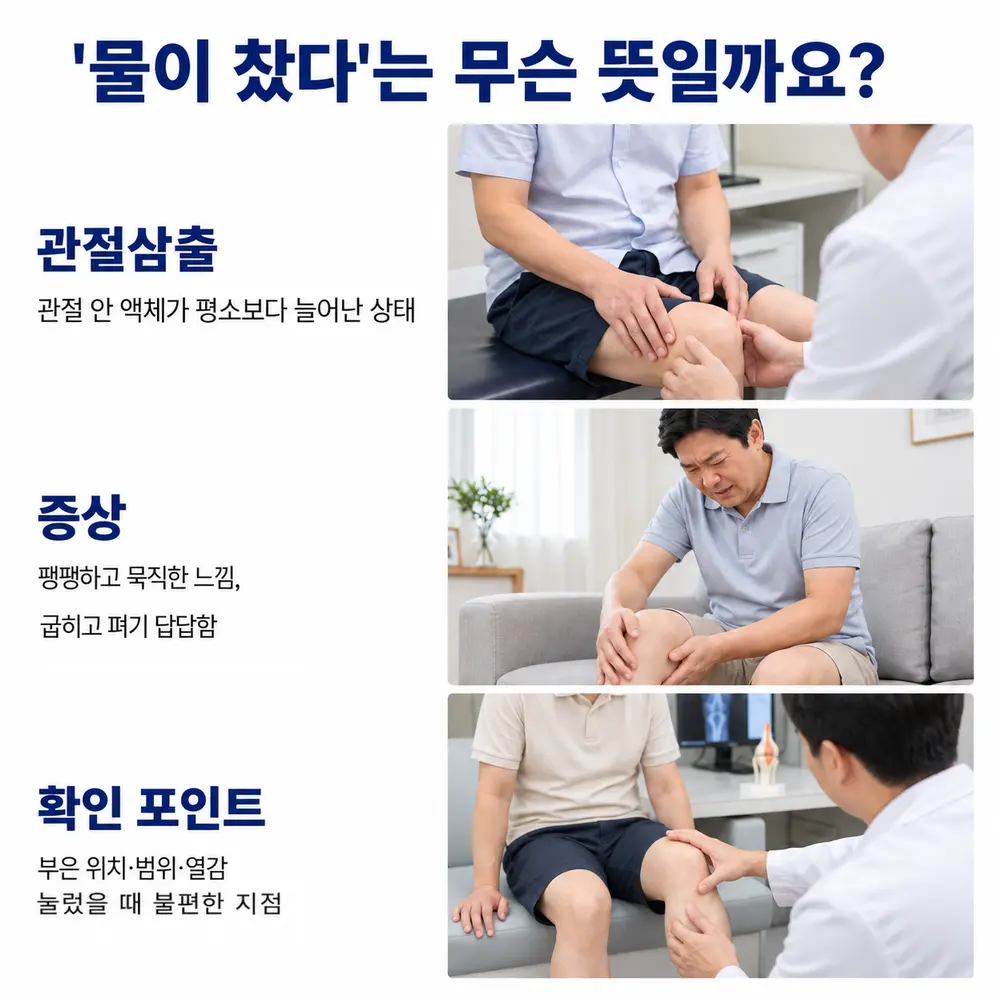 물이 찼다는 무슨 뜻일까요 - 관절삼출: 관절 안 액체가 평소보다 늘어난 상태, 증상: 팽팽하고 묵직한 느낌, 굽히고 펴기 답답함, 확인 포인트: 부은 위치·범위·열감, 눌렀을 때 불편한 지점