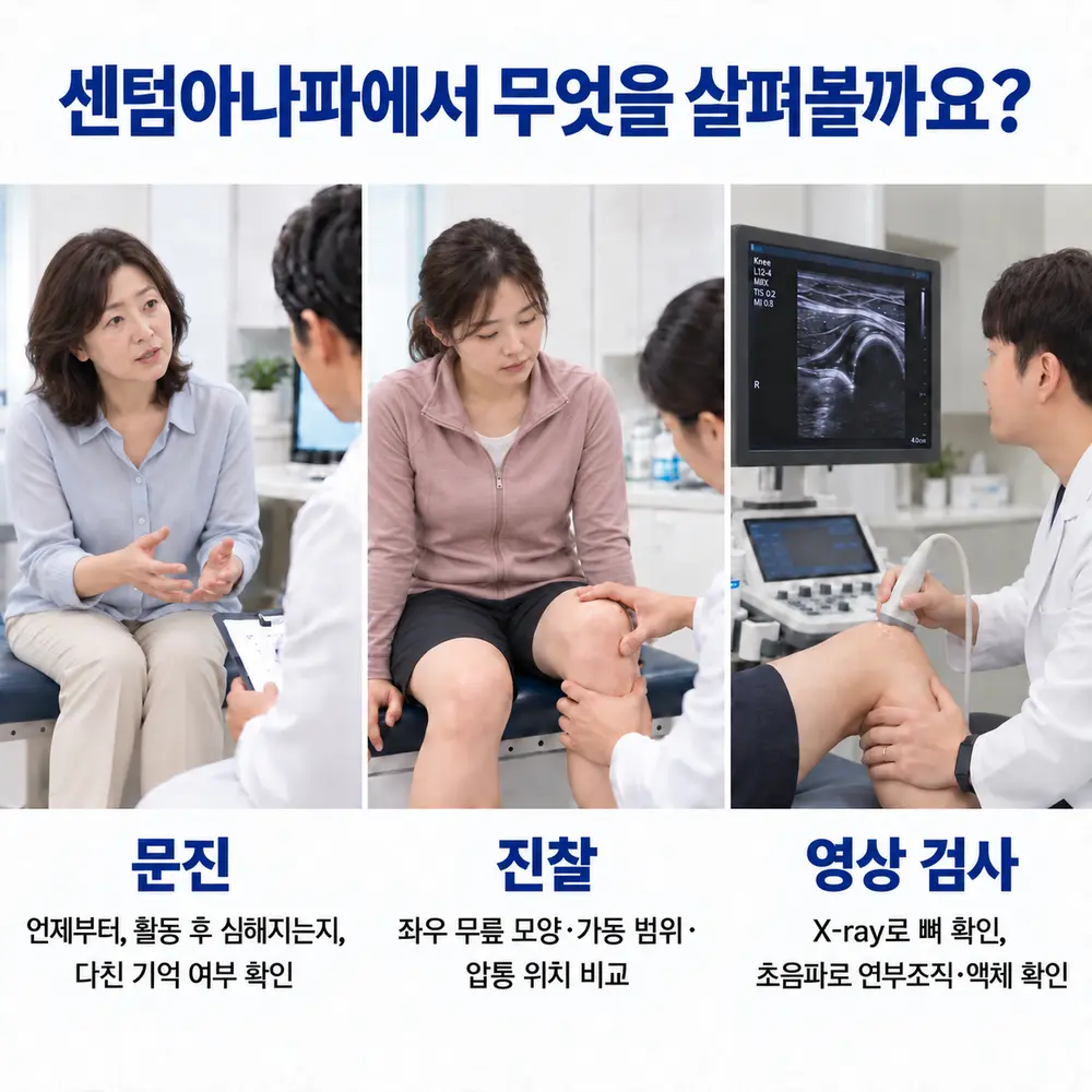 센텀아나파에서 무엇을 살펴볼까요 - 문진: 언제부터, 활동 후 심해지는지, 다친 기억 여부 확인, 진찰: 좌우 무릎 모양·가동 범위·압통 위치 비교, 영상 검사: X-ray로 뼈 확인, 초음파로 연부조직·액체 확인