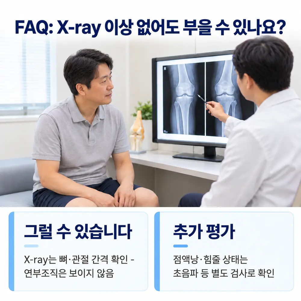FAQ X-ray 이상 없어도 부을 수 있나요 - 그럴 수 있습니다: X-ray는 뼈·관절 간격 확인, 연부조직은 보이지 않음, 추가 평가: 점액낭·힘줄 상태는 초음파 등 별도 검사로 확인