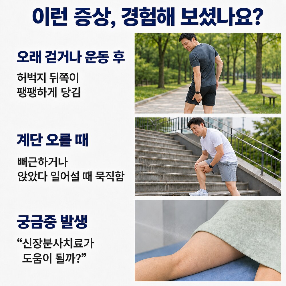 이런 증상, 경험해 보셨나요 - 오래 걷거나 운동 후 허벅지 뒤쪽 팽팽한 당김, 계단 오를 때 뻐근함, 신장분사치료 궁금증