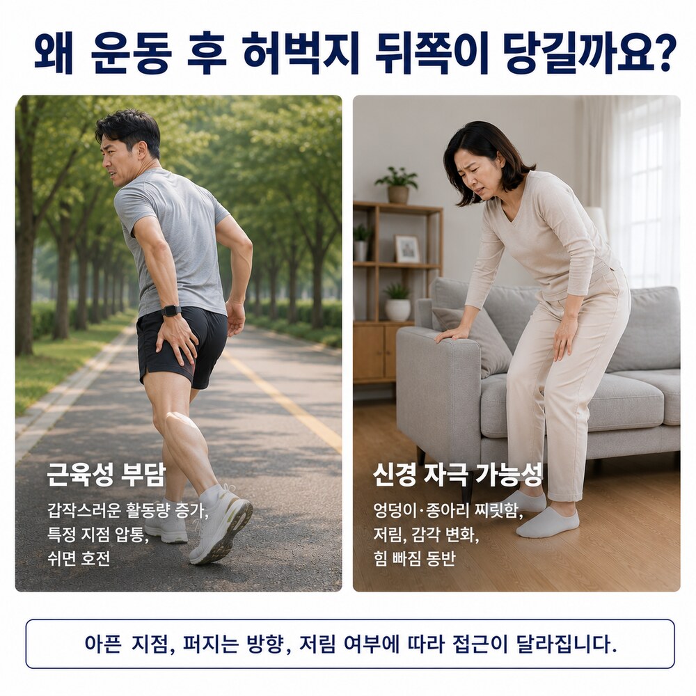 왜 운동 후 허벅지 뒤쪽이 당길까요 - 근육성 부담은 갑작스러운 활동량 증가·특정 지점 압통·쉬면 호전, 신경 자극 가능성은 엉덩이·종아리 찌릿함과 감각 변화
