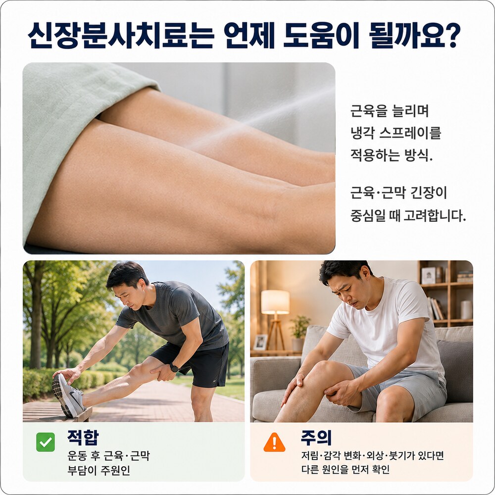 신장분사치료는 언제 도움이 될까요 - 근육을 늘리며 냉각 스프레이 적용, 운동 후 근육·근막 부담이 주원인일 때 적합, 저림·감각 변화·외상 시 다른 원인 먼저 확인