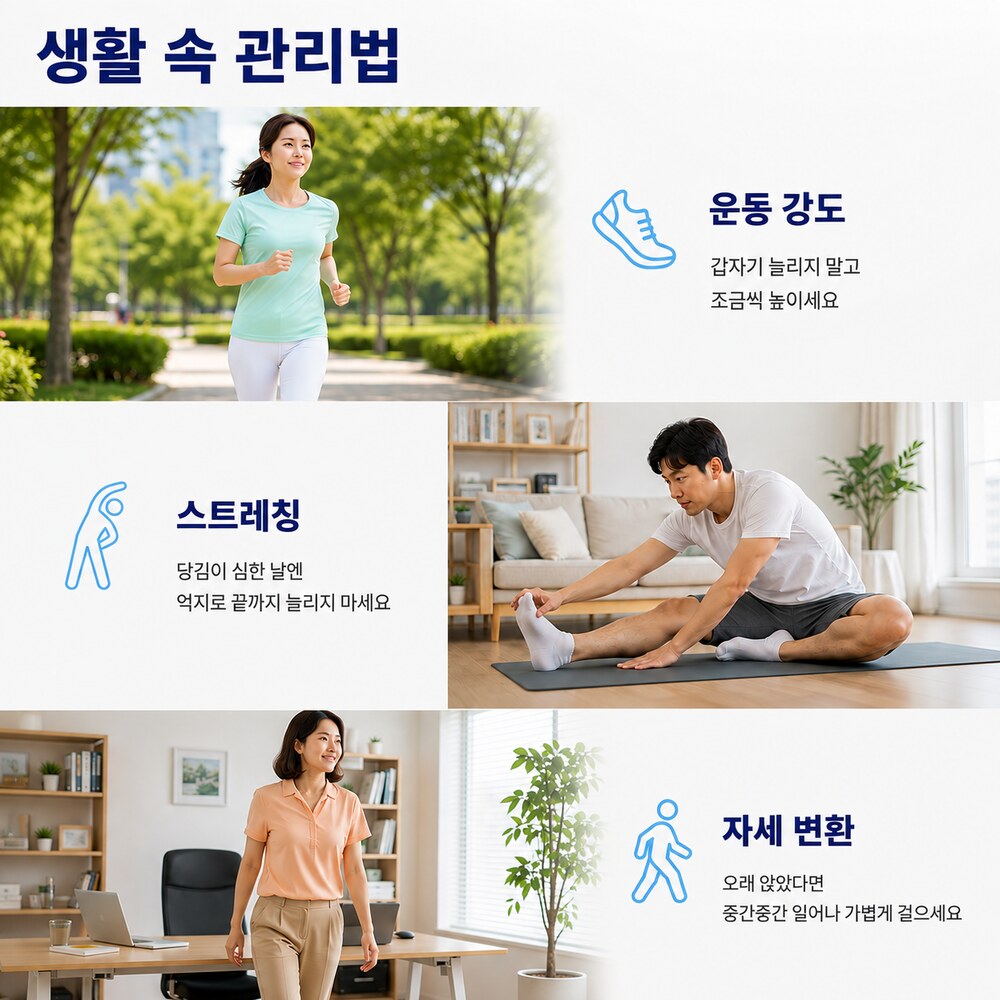 생활 속 관리법 - 운동 강도는 갑자기 늘리지 말고 조금씩, 당김이 심한 날엔 억지로 늘리지 않기, 오래 앉았다면 중간중간 걷기