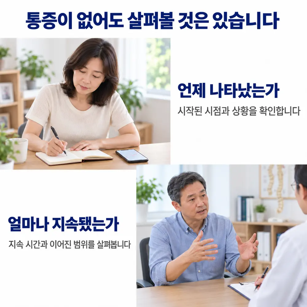통증이 없어도 살펴볼 것은 있습니다 - 언제 나타났는가: 시작된 시점과 상황을 확인, 얼마나 지속됐는가: 지속 시간과 이어진 범위를 살펴봄