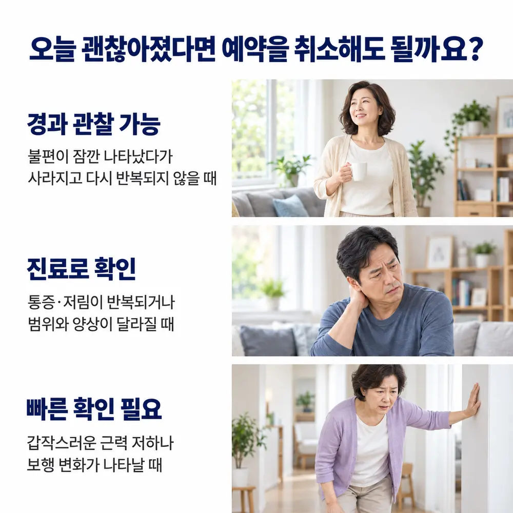 오늘 괜찮아졌다면 예약을 취소해도 될까요 - 경과 관찰 가능: 불편이 잠깐 나타났다가 사라지고 다시 반복되지 않을 때, 진료로 확인: 통증·저림이 반복되거나 범위와 양상이 달라질 때, 빠른 확인 필요: 갑작스러운 근력 저하나 보행 변화가 나타날 때