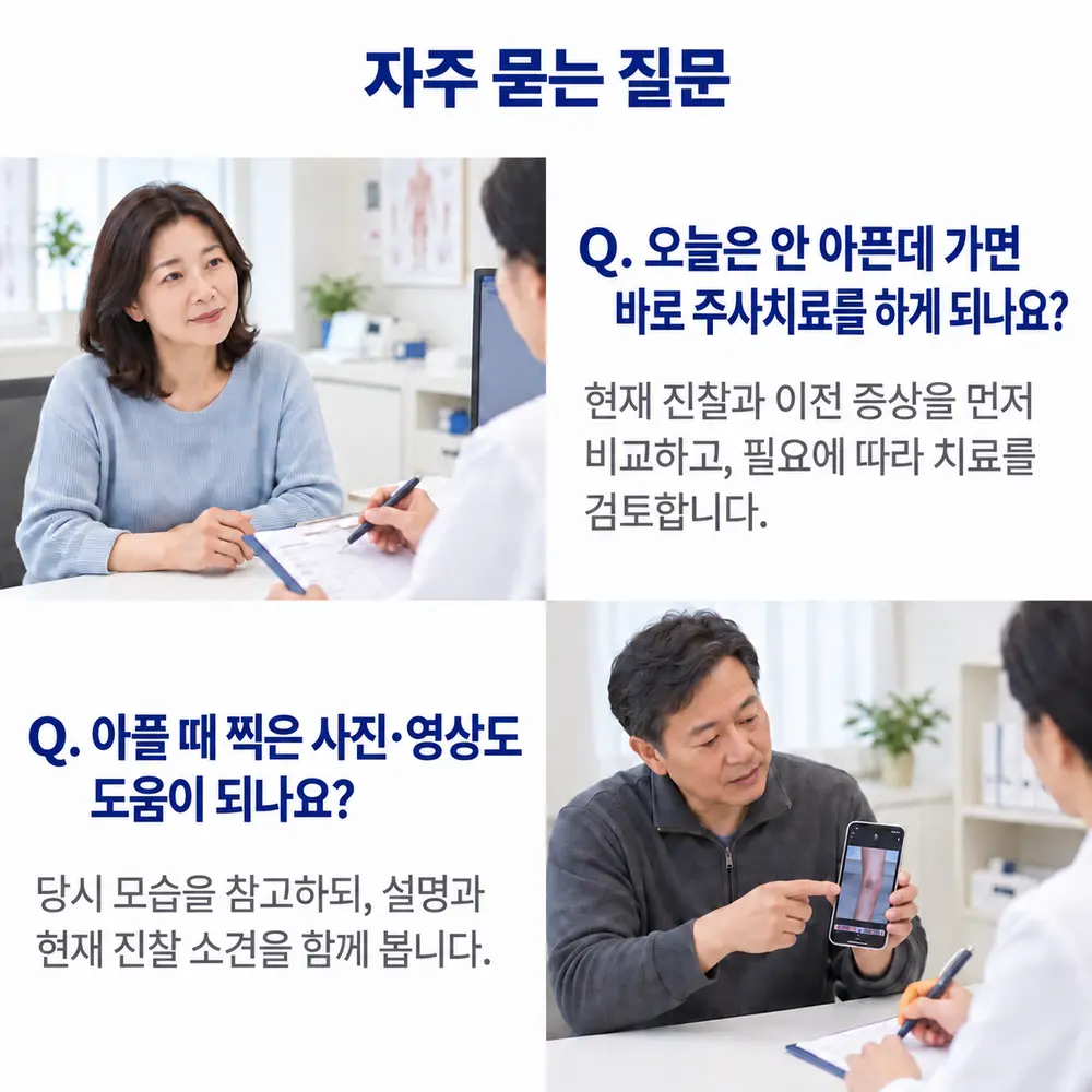 FAQ - 오늘은 안 아픈데 가면 바로 주사치료를 하게 되나요, 아플 때 찍은 사진이나 동영상도 도움이 될까요
