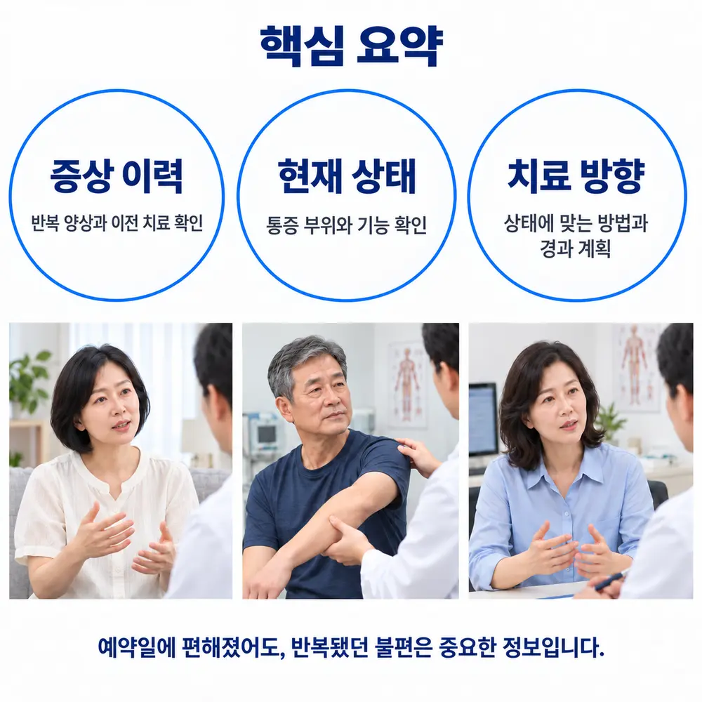 핵심 요약 - 증상 이력: 반복 양상과 이전 치료 확인, 현재 상태: 통증 부위와 기능 확인, 치료 방향: 상태에 맞는 방법과 경과 계획
