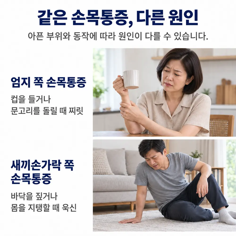 같은 손목통증, 다른 원인 - 엄지 쪽 손목통증: 컵을 들거나 문고리를 돌릴 때 찌릿, 새끼손가락 쪽 손목통증: 바닥을 짚거나 몸을 지탱할 때 욱신