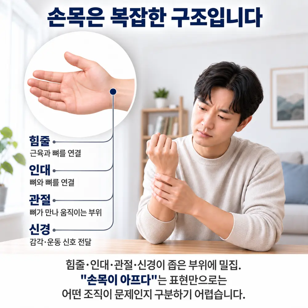손목은 복잡한 구조입니다 - 힘줄: 근육과 뼈를 연결, 인대: 뼈와 뼈를 연결, 관절: 뼈가 만나 움직이는 부위, 신경: 감각·운동 신호 전달
