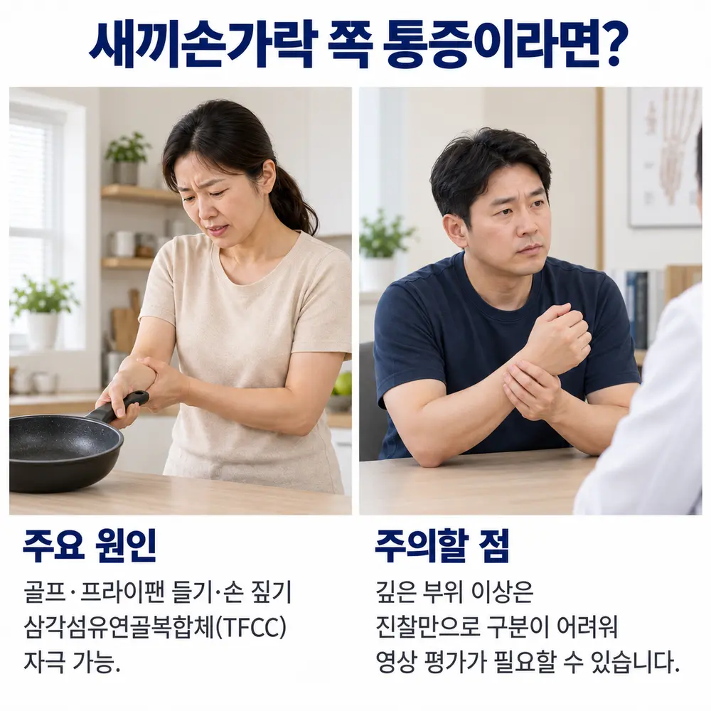 새끼손가락 쪽 통증이라면 - 주요 원인: 골프·프라이팬 들기·손 짚기로 삼각섬유연골복합체(TFCC) 자극 가능, 주의할 점: 깊은 부위 이상은 진찰만으로 구분이 어려워 영상 평가가 필요할 수 있음
