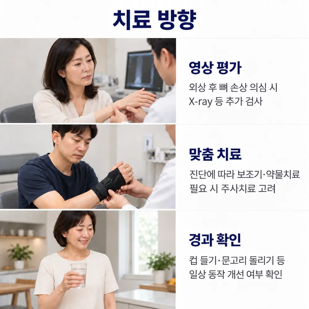 치료 방향 - 영상 평가: 외상 후 뼈 손상 의심 시 X-ray 등 추가 검사, 맞춤 치료: 진단에 따라 보조기·약물치료, 필요 시 주사치료 고려, 경과 확인: 컵 들기·문고리 돌리기 등 일상 동작 개선 여부 확인