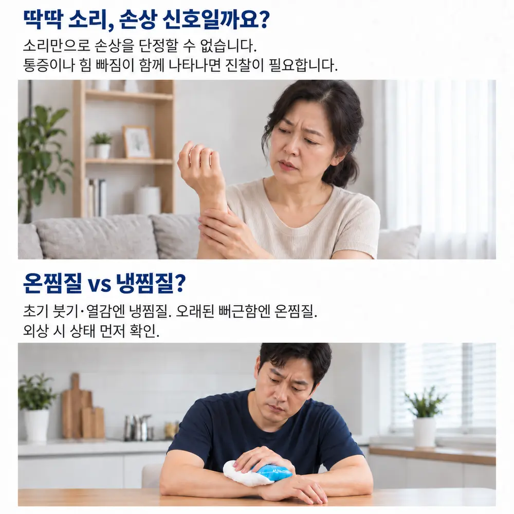 FAQ - 손목에서 딱딱 소리가 나면 연골이 손상된 건가요, 손목이 아플 때 온찜질과 냉찜질 중 어떤 것이 좋을까요